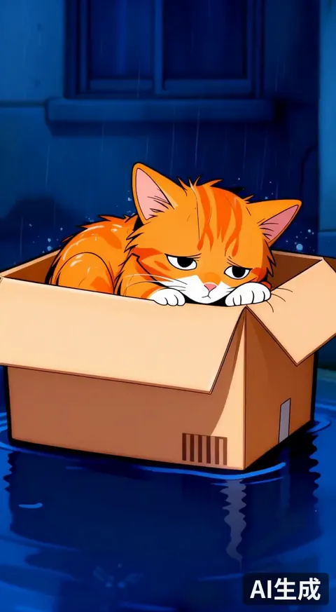 Still frame from AI short film The Cat in the Rain: an orange cat in a cardboard box on a flooded street
