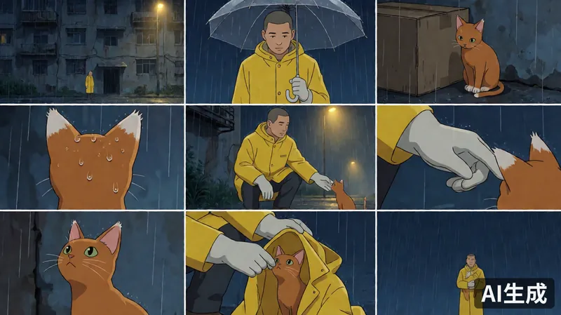 3x3 storyboard grid generated from a plot synopsis